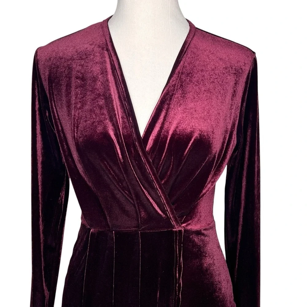 Shinestar Gold Velvet Long Sleeve V Neck Faux Wrap Dress Plum Hi Low Hem Size M